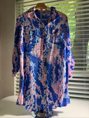 Lilly Pulitzer Blue Button-Front Coral Print Tunic Dress